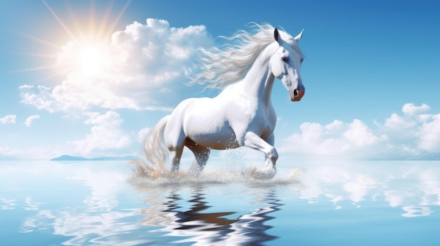 a white horse running through water