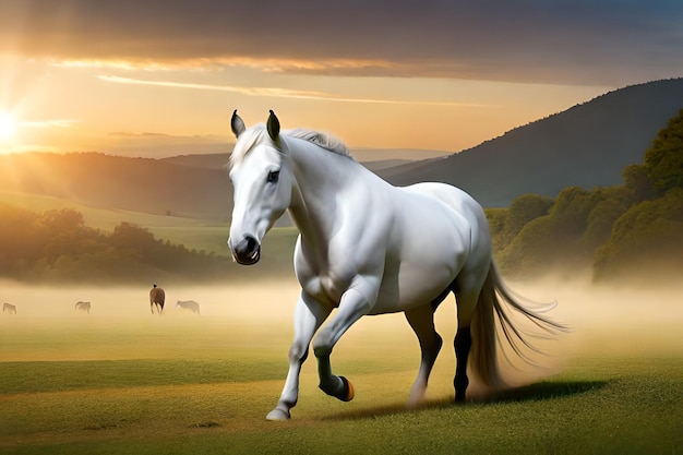 A white horse runs in a field with mountains in the background.