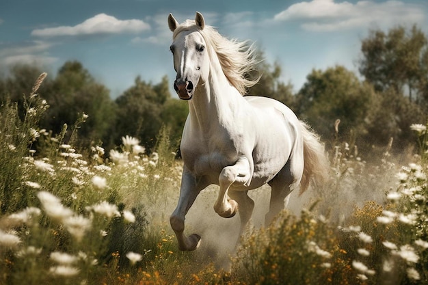 Photo a white horse runs through a field of flowers.