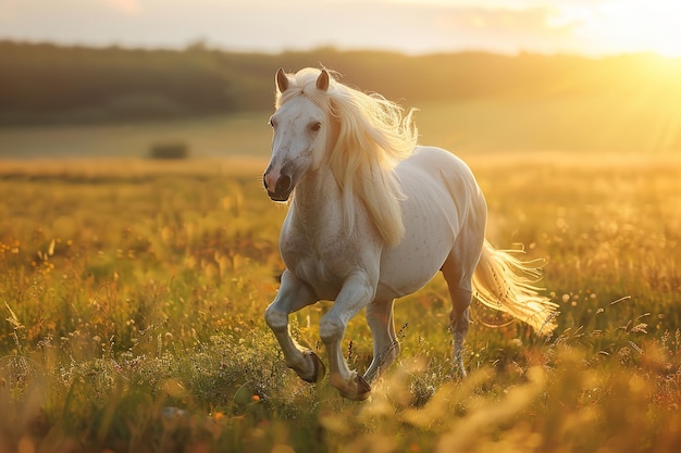 a white horse runs through a field of grass with the sun behind it