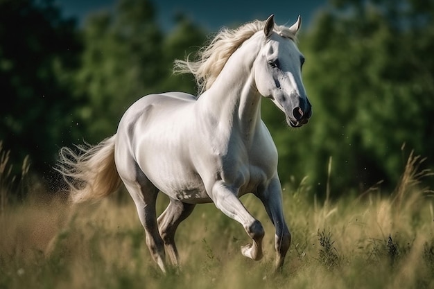 A white horse runs through a field.