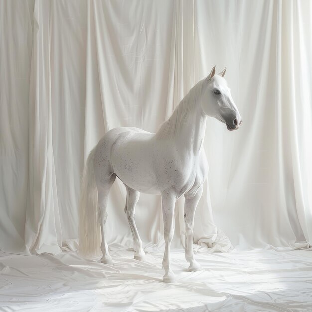 Photo white horse standing in front of white drapes during daytime