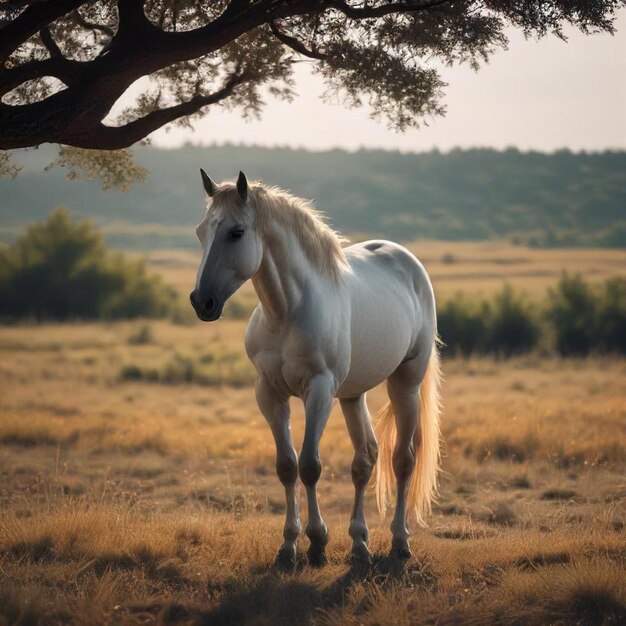 a white horse stands in a field under a tree