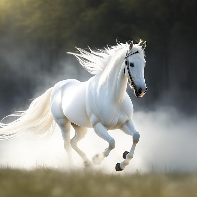 A white horse with a black mane runs through a field.