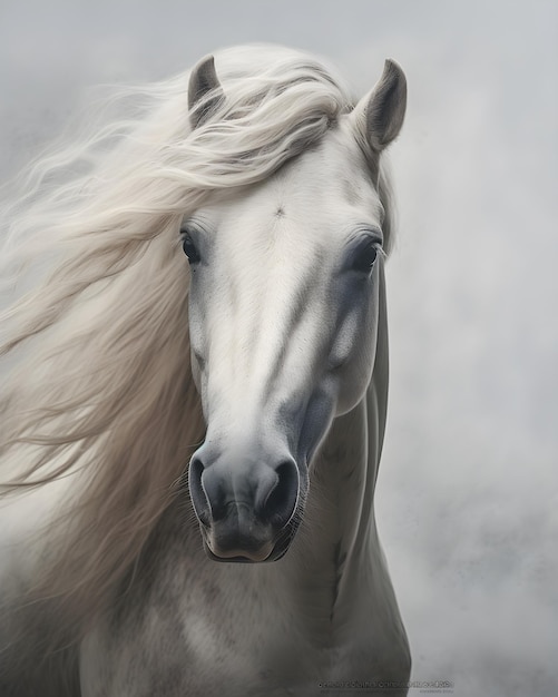 Photo a white horse with a black mane and a white mane.