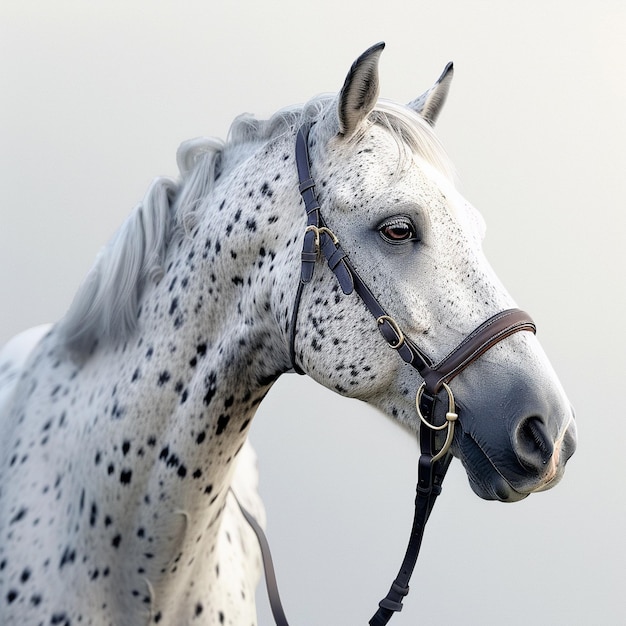 a white horse with black spots on its face and a black and white speckled mane