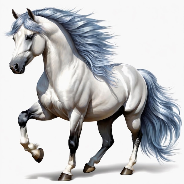 White horse with blue mane and long mane on white background 3d rendering