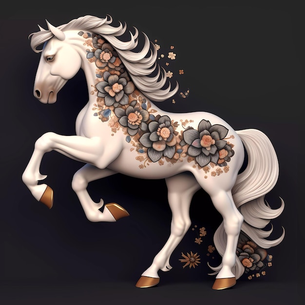 A white horse with flowers on it is on a black background.