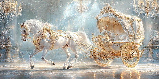 a white horse with gold accents is pulling a carriage with a white horse