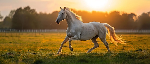 a white horse with a golden mane running through a field of grass