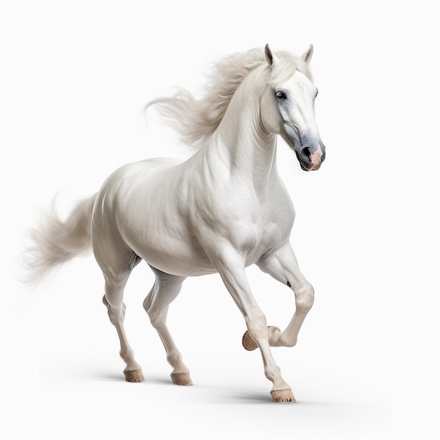 A white horse with a long mane is running.