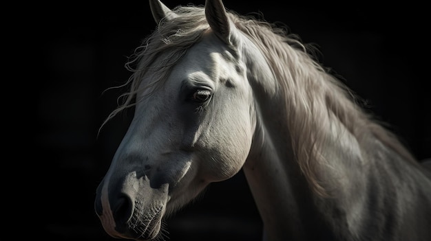 A white horse with a white mane stands in the dark.