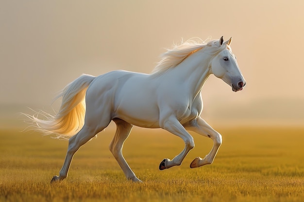 a white horse with a yellow tail running in a field