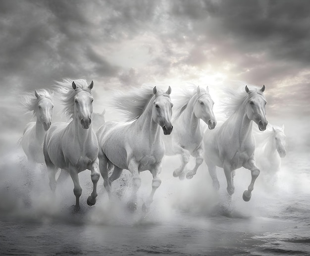 White horses running in the fog against a cloudy sky 3d rendering