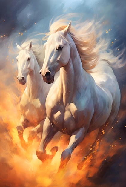 White horses with flaming hair fly in the air in painting style