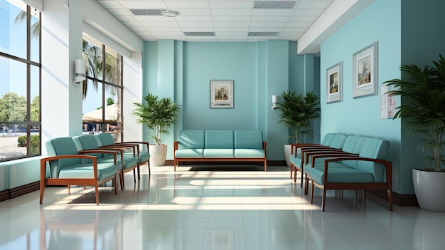 White hospital lobby with a door and white chairs for patients waiting for the doctor visit A poster