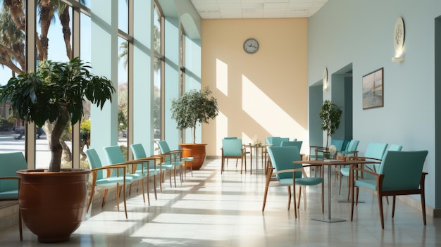 White hospital lobby with a door and white chairs for patients waiting for the doctor visit A poster