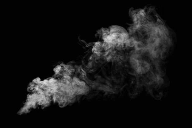 White hot curly steam smoke isolated on black background closeup