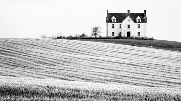 Photo white house on a hill with frost covered field