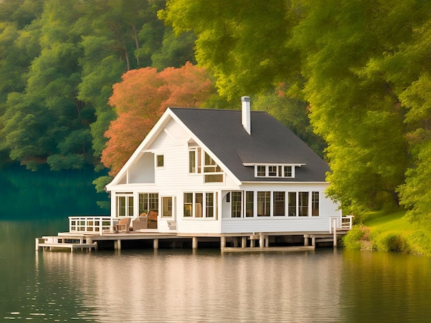 A white house on the lake with a dock and trees behind