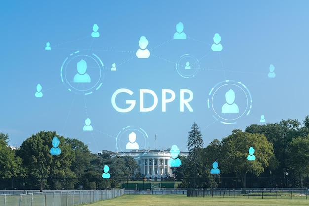 The White House on sunny day Washington DC USA Executive branch President administration GDPR hologram concept of data protection regulation and privacy for all individuals