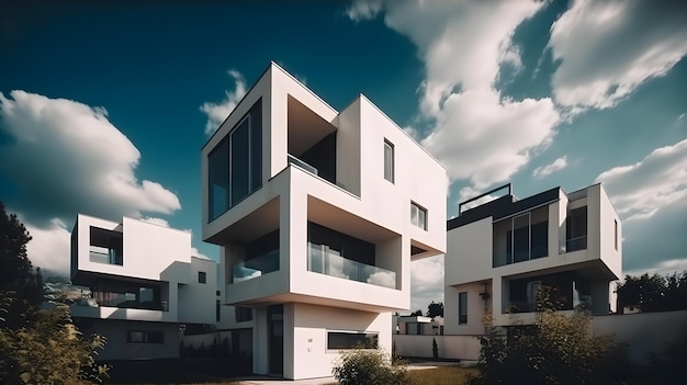 A white house with a balcony and a sky background