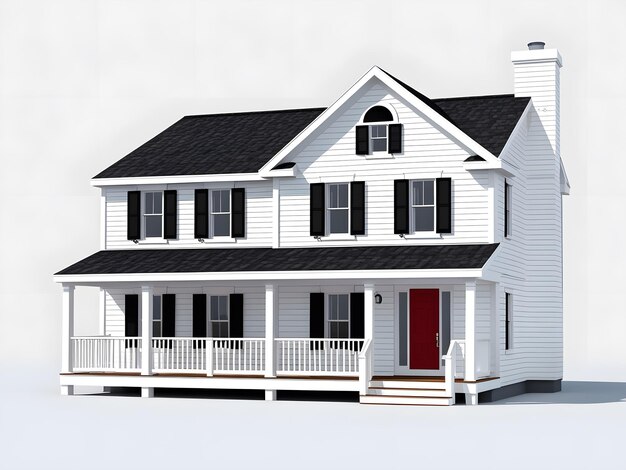 a white house with a black roof and a red door