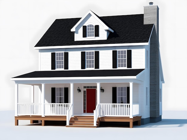 a white house with a black roof and a white and red door