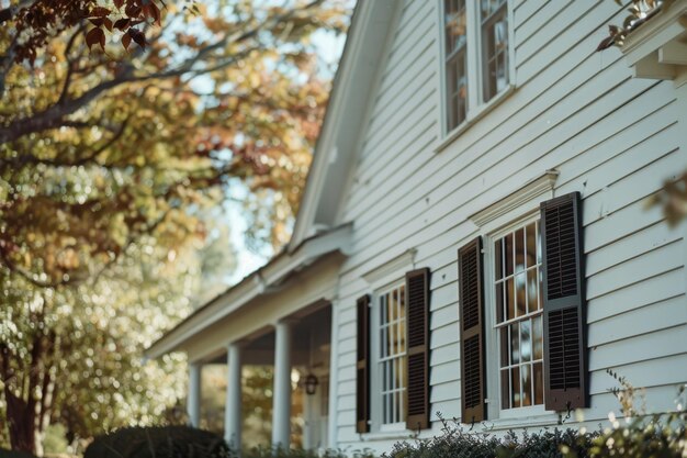 Photo a white house with black shutters and a porch