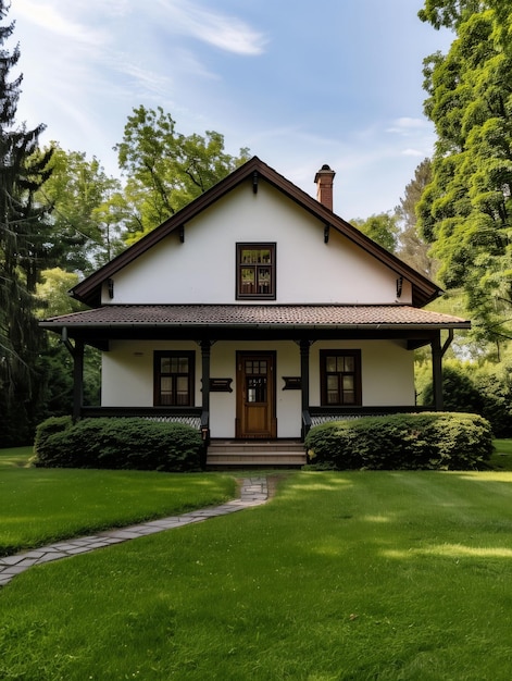 A white house with a brown roof sits on a green lawn surrounded by trees