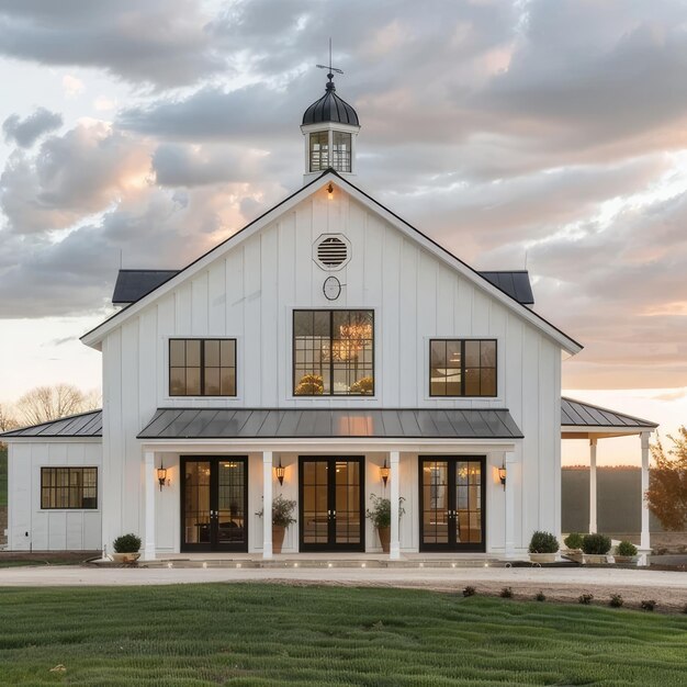 Photo a white house with a clock on the front and the words  the number 4  on the front