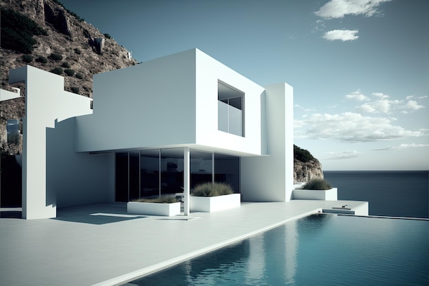 A white house with a pool in front of it generative AI