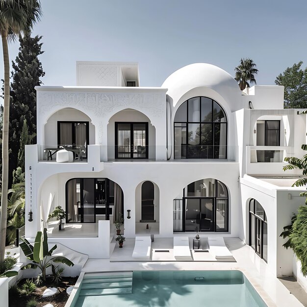 Photo a white house with a pool and palm trees in the background