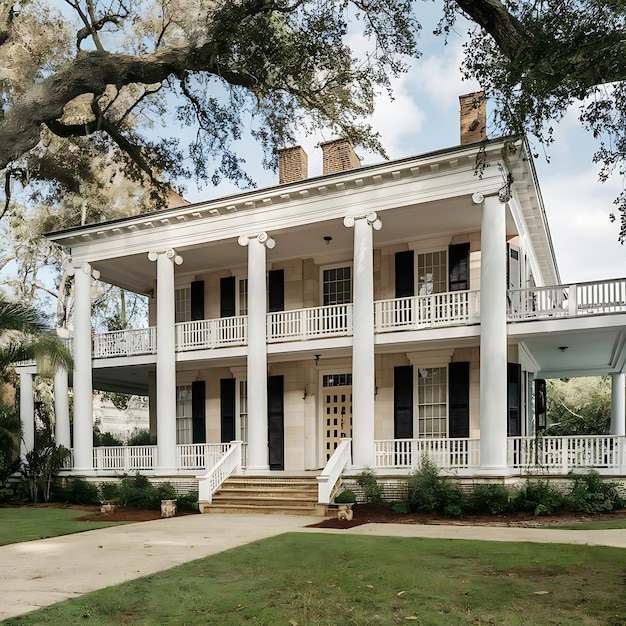 a white house with a porch on the front and a large tree in the front