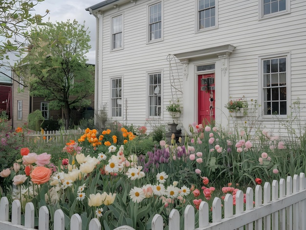 Photo a white house with a red door and a white fence with a red door