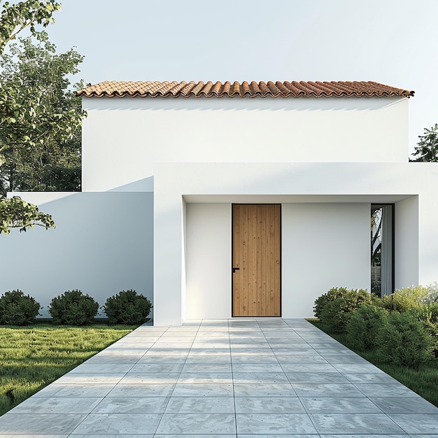 a white house with a red roof and a white building with a door that says quot open quot