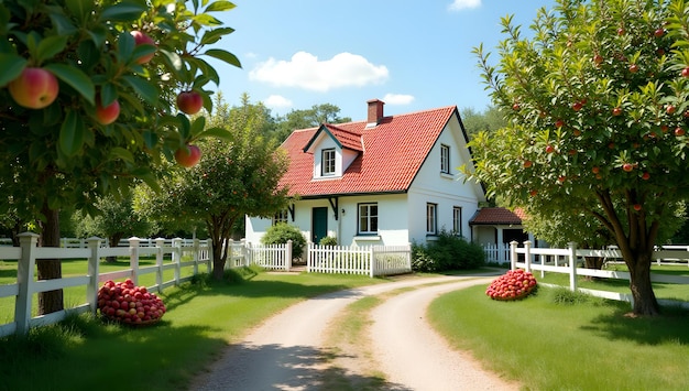 a white house with a red roof and a white fence