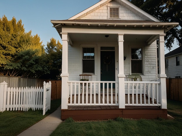 a white house with a white fence and a white fence