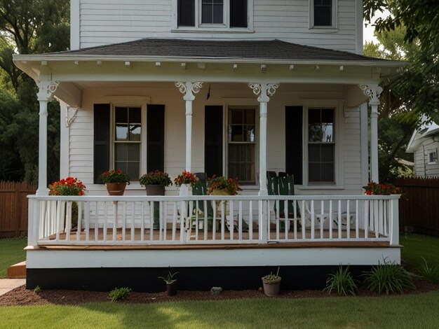 Photo a white house with a white porch and a porch with flowers on the front