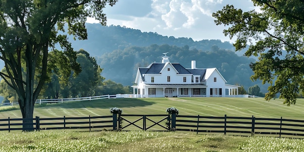 Photo a white house with a white roof and a white house with a fence and trees in the background