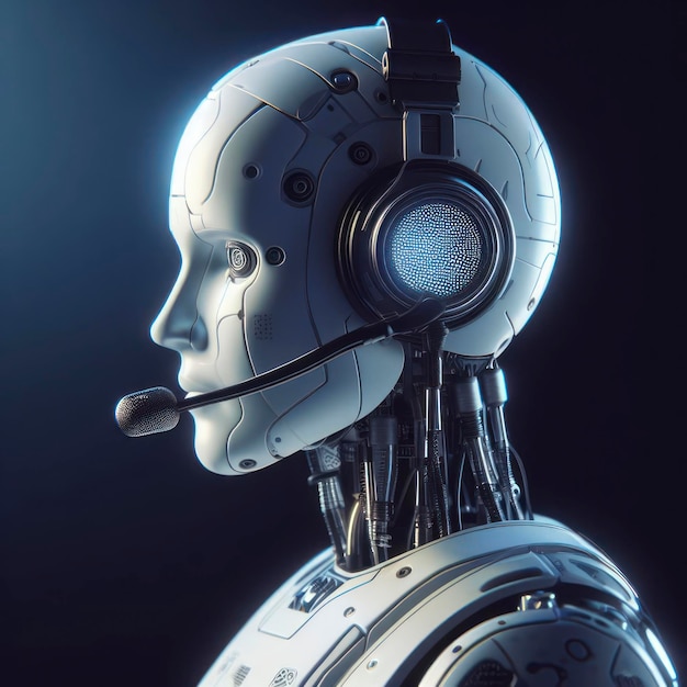 white humanoid cyborg robot in headphones and micro call center ai generative