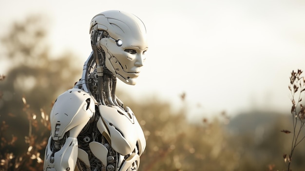 White humanoid robot against nature background