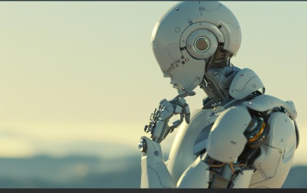 Photo white humanoid robot contemplating the sunset emphasizing emotional intelligence and machine sentience