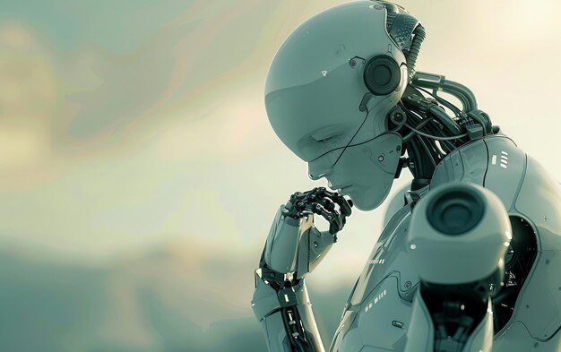 Photo white humanoid robot contemplating the sunset emphasizing emotional intelligence and machine sentience