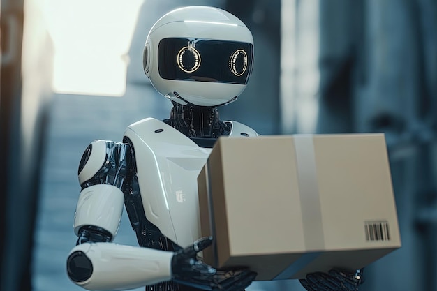 A white humanoid robot holds a cardboard box in a warehouse setting