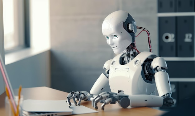 White humanoid robot sitting at desk in the office working at laptop Futuristic employee Generative AI