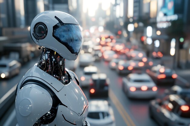 A white humanoid robot stands on a city street with a busy traffic background