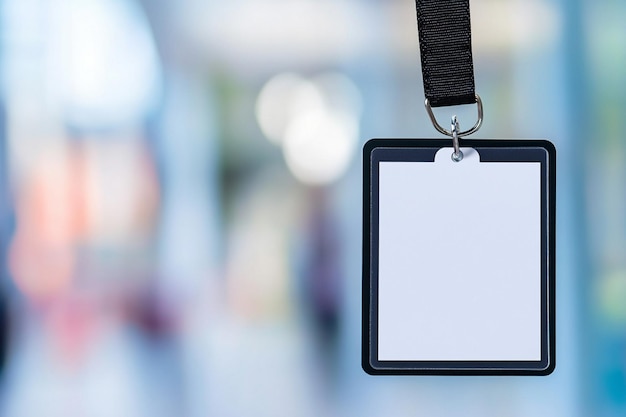 Photo white id card badge with black belt on black background mockup for design template jpg