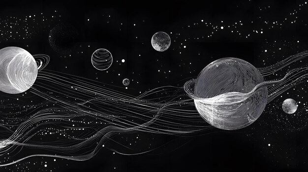 White Ink Planets and Stars on a Black Background