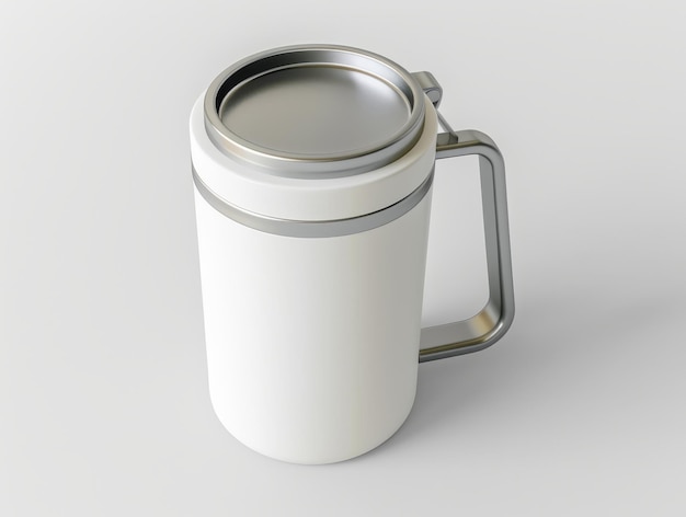 White insulated mug with a silver lid and handle